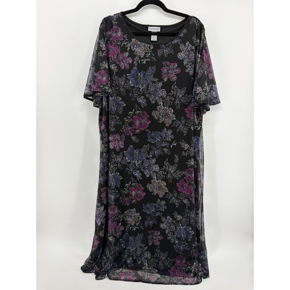 Catherines 3X 26/28W Floral Chiffon Maxi Dress Black Purple Flutter Sleeve Scoop